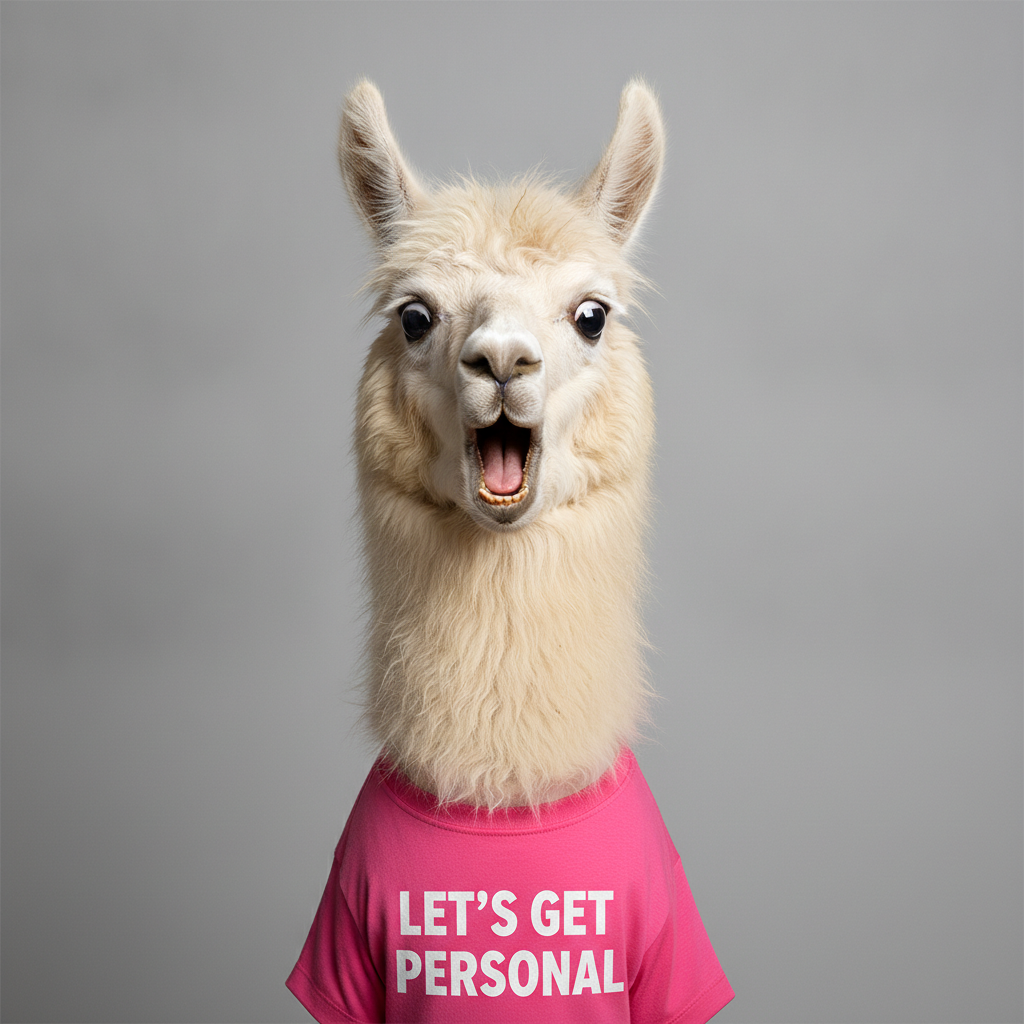A llama in a pink T-shirt that says Let's get personal